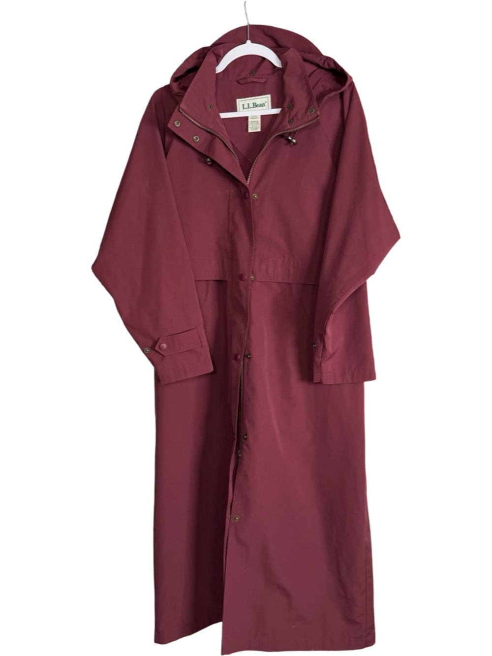 L.L. Bean Vintage 90s Maroon Long Midi Hooded Rain Trench Coat Petite Medium
